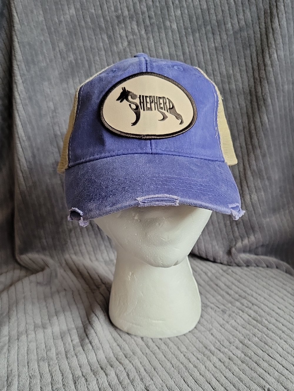 Shepherd dog patch trucker hat ball cap blue & cream by Adams